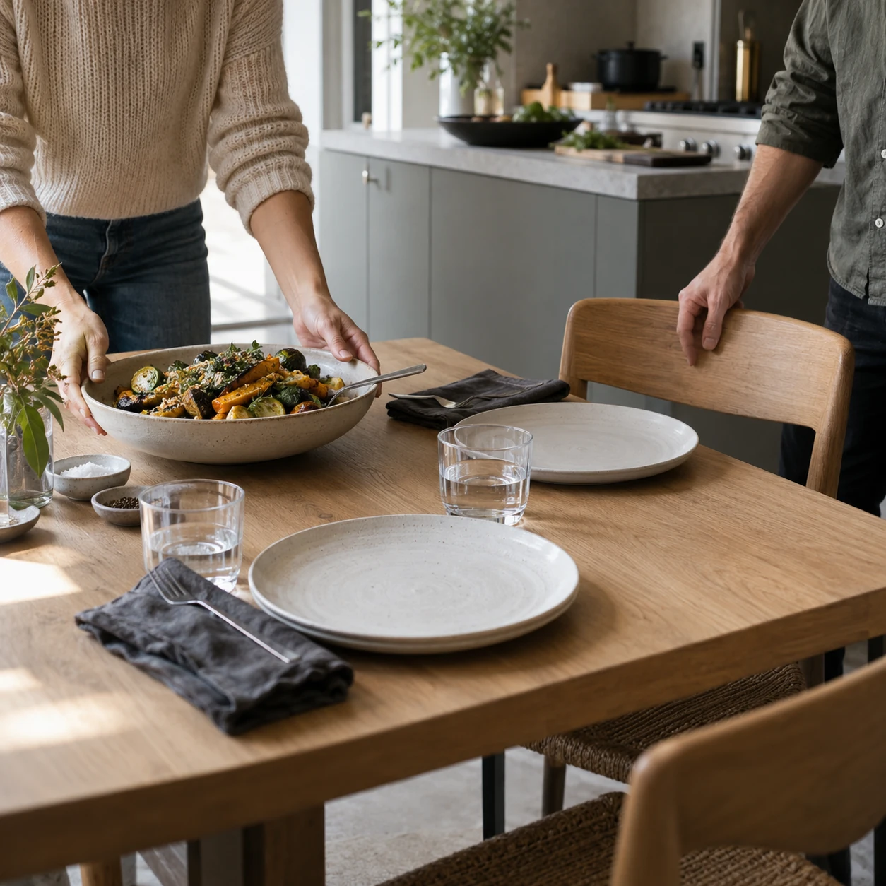 Preparing to share a meal with simple ceramics at an oak dining table.